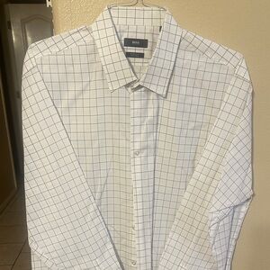 Boss Men's White and Blue Grid Dress Shirt